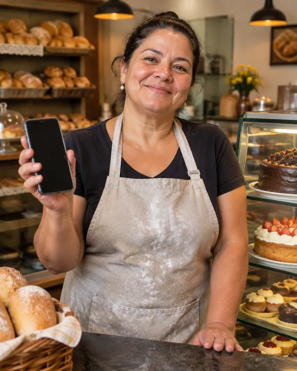 Dona de confeitaria atrás do balcão com o celular