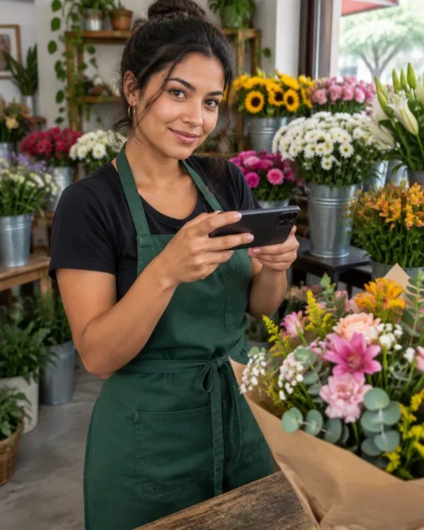 Florista na loja fotografando um buquê com o celular