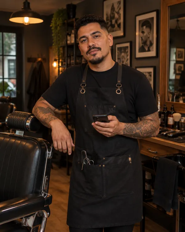 Barbeiro na barbearia com o celular na mão