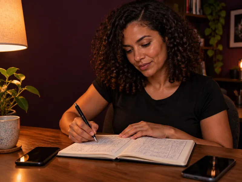Bruna anotando horários num caderno com dois celulares na mesa