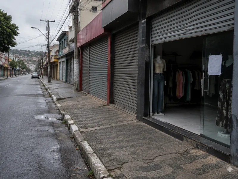 Rua comercial com as portas das lojas fechadas
