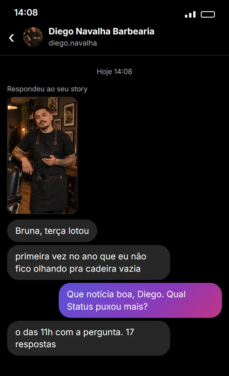 Print de mensagem no Instagram: o barbeiro conta que a terça lotou pela primeira vez no ano
