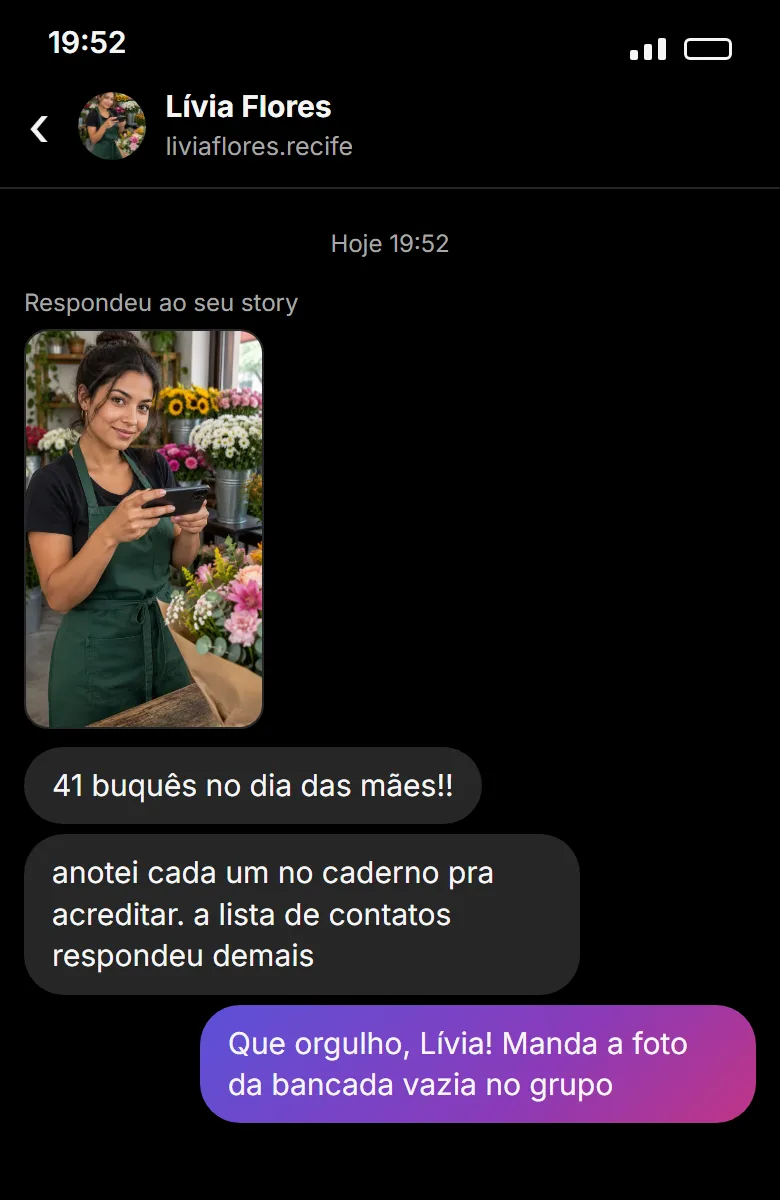 Print de resposta a story no Instagram: a florista conta que vendeu 41 buquês no Dia das Mães