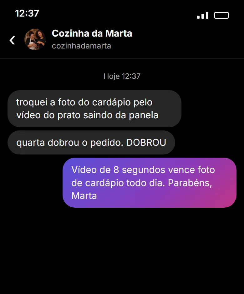 Print de mensagem no Instagram: a dona do delivery conta que o pedido de quarta dobrou